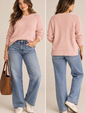 Leallo Newburyport Waffle Crew Sweater Pink Cotton Silk Size L